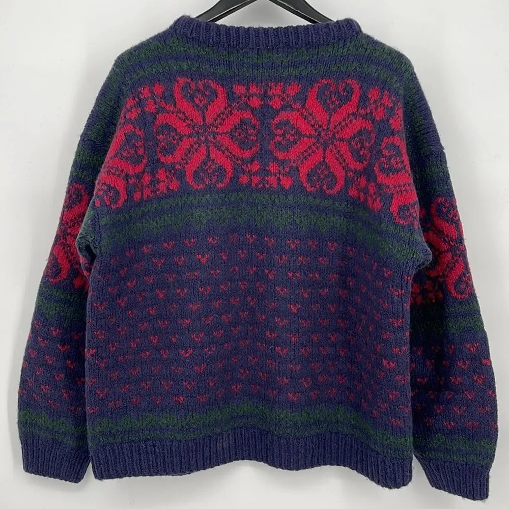 Fair Isle Norsk Handstrikk Blue, Red, Green  Hand Knit Wool Pullover Sweater VTG
